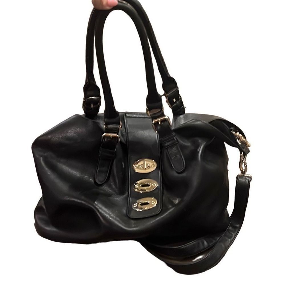 Black floppy tote with gold accents